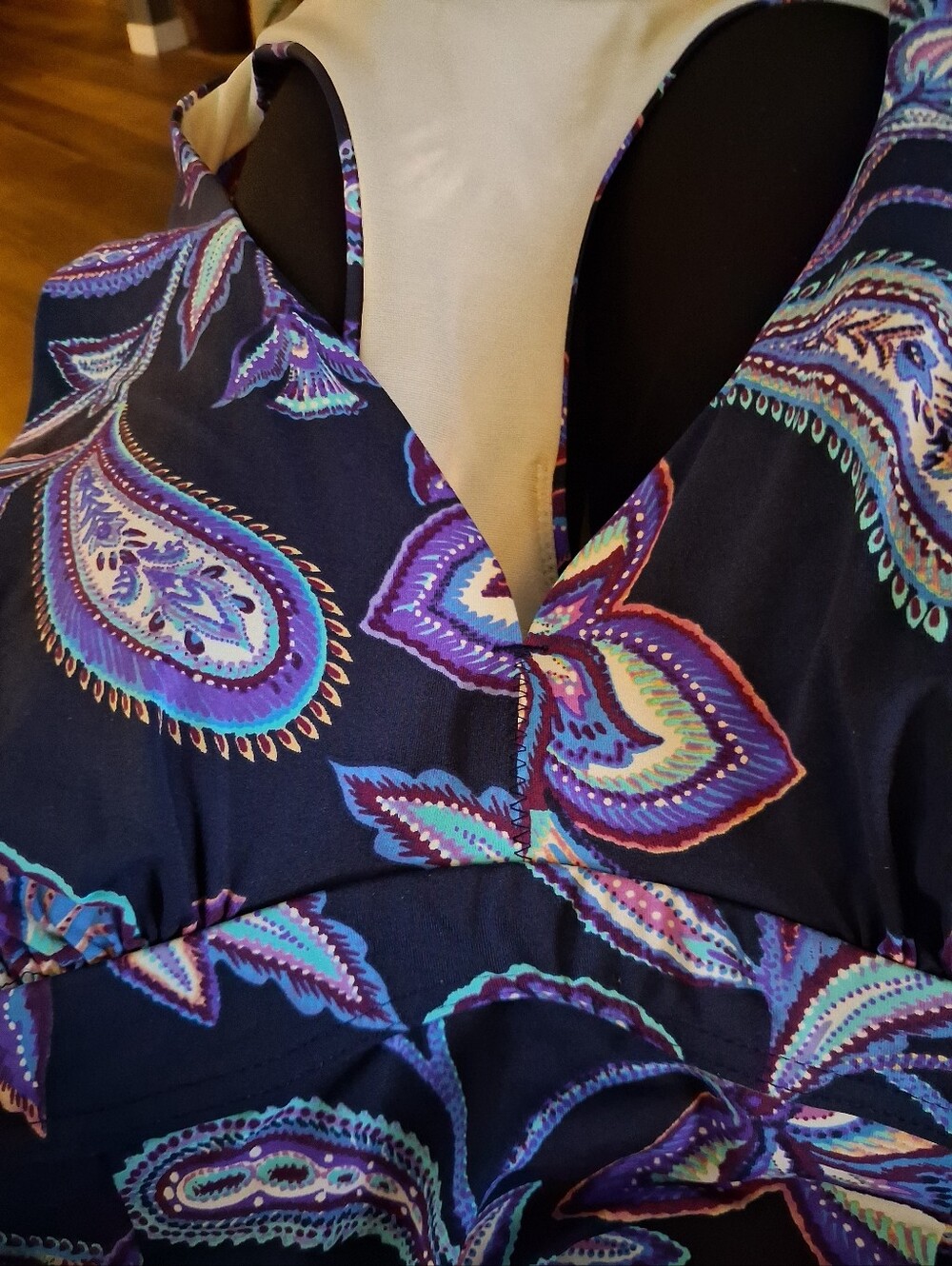 Navy Paisley V-Neck T-back Tankini Top with Purple & Teal Print